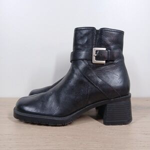 Thom McAn Boots Women 8 Black Leather Ankle Buckle Block Heel Moto Streetwear